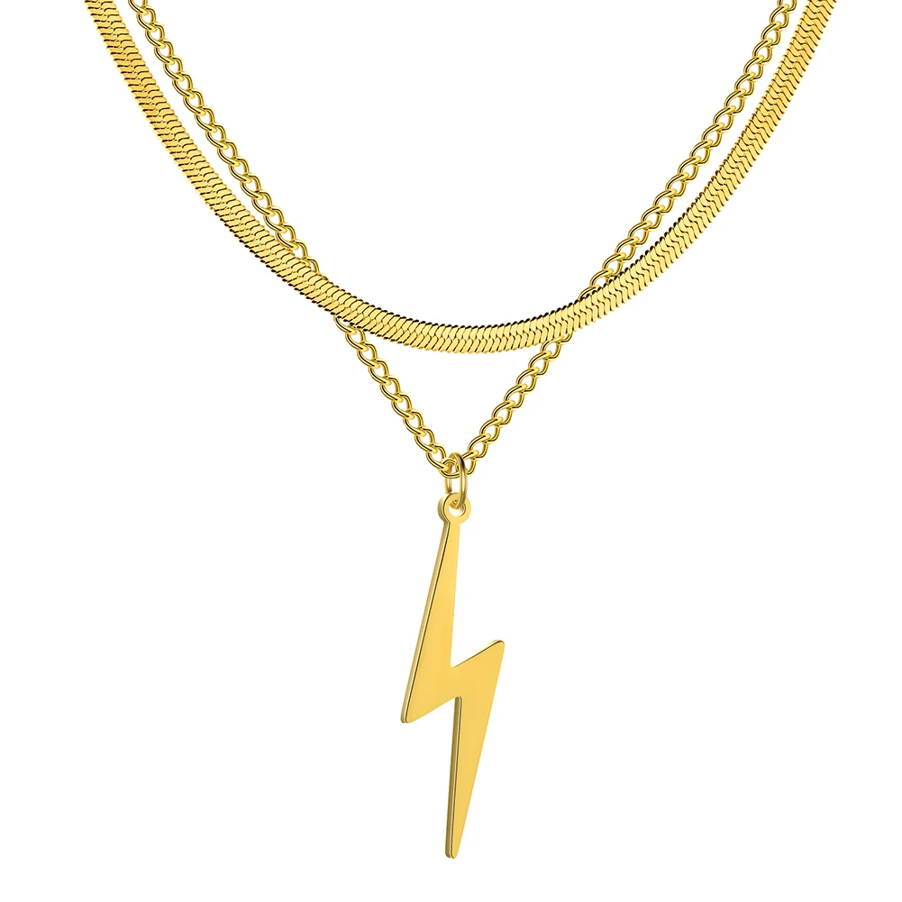 Lightning Bolt Pendant Necklace Double Layer Fashion Dainty Snake Link Chain Stainless Steel Jewelry