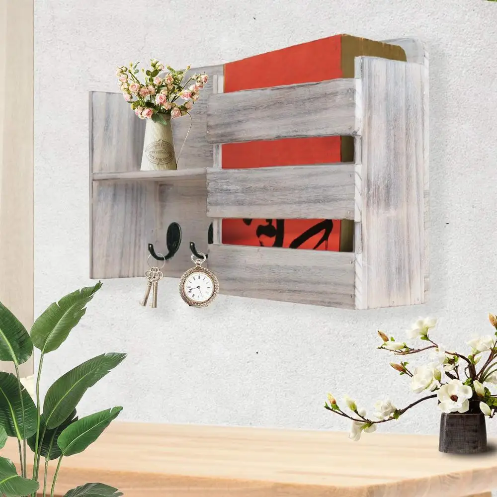 JUNJI Roll Over Image to Zoom in Honest Torched Wood Rustic Wall Mounted Key & Mail Holder Rustic Wood Floating Wall Shelves