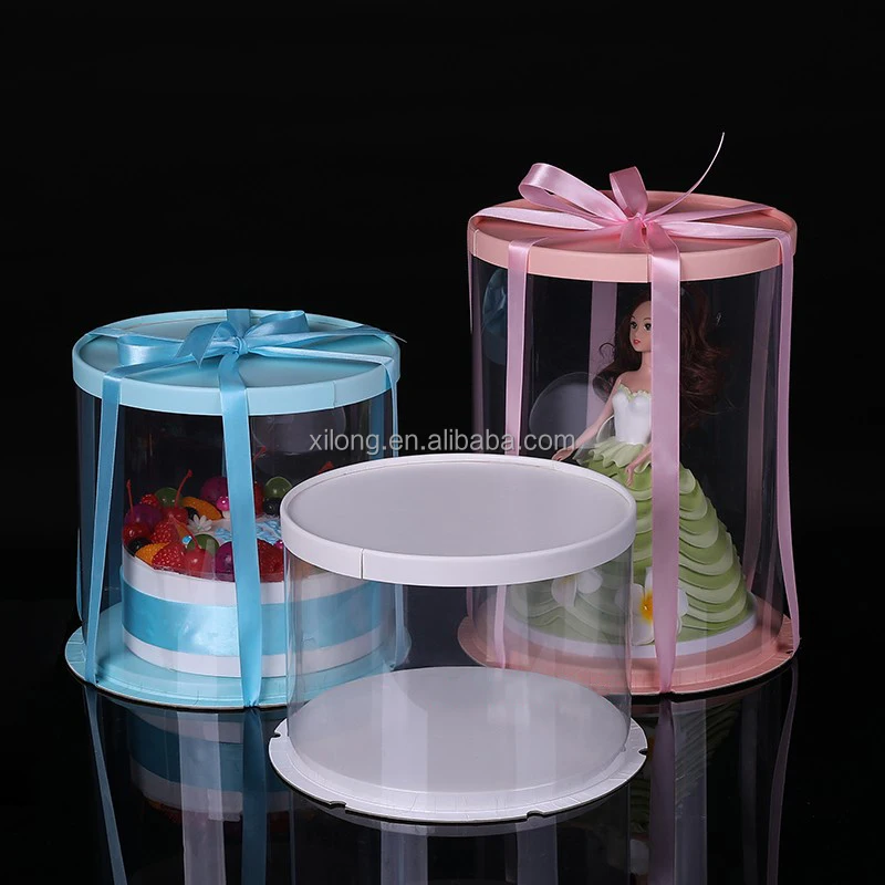 Large Clear PVC Cake Box with Ribbon and Pre-Folded Lid for 8inch & 10inch Cake Cookie Gift Packaging with Printed Pattern