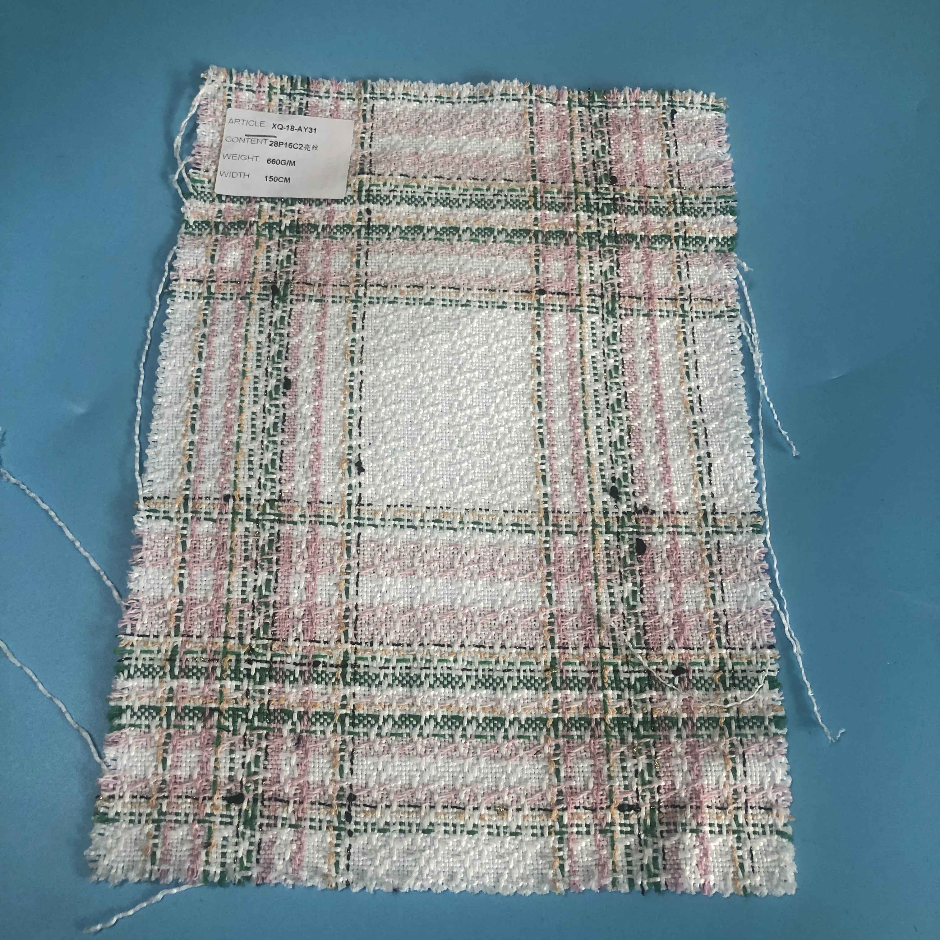 82% Polyester 16% Cotton white green pink tweed Fabric coat dress fabric 660gm