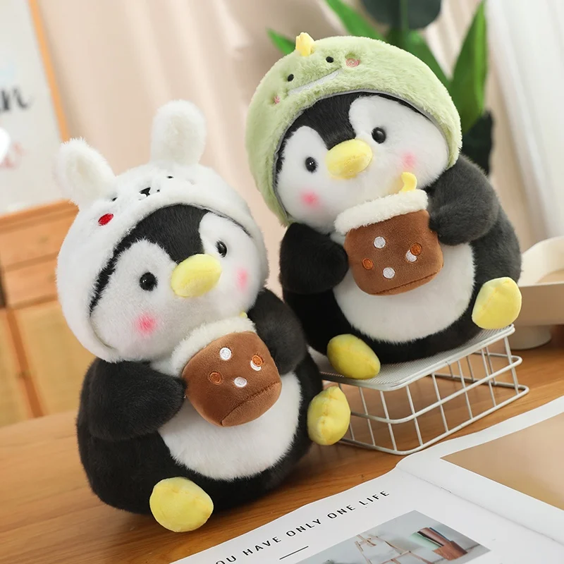 Cosplay Toast Penguin Stuffed Animal Wearing Unicorn Hat Bunny Hat Penguin Plush Toys Holding Boba Customized Pattern Brand Logo