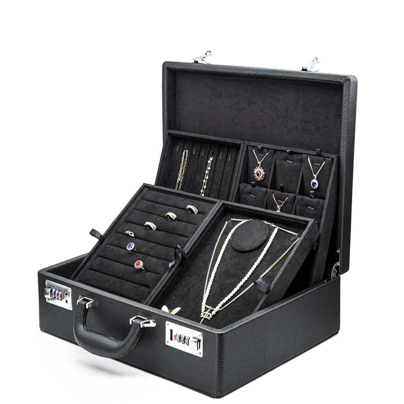 Custom Wholesale Durable Travel Coded Lock Pu Jewelry travel Case Leather Jewellery Storage Suitcase With Tray