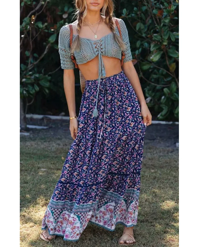 Red Bohemian Print Woman Skirts Casual printed holiday long skirt summer elegant ladies printed bottoms Rayon Maxi Skirt