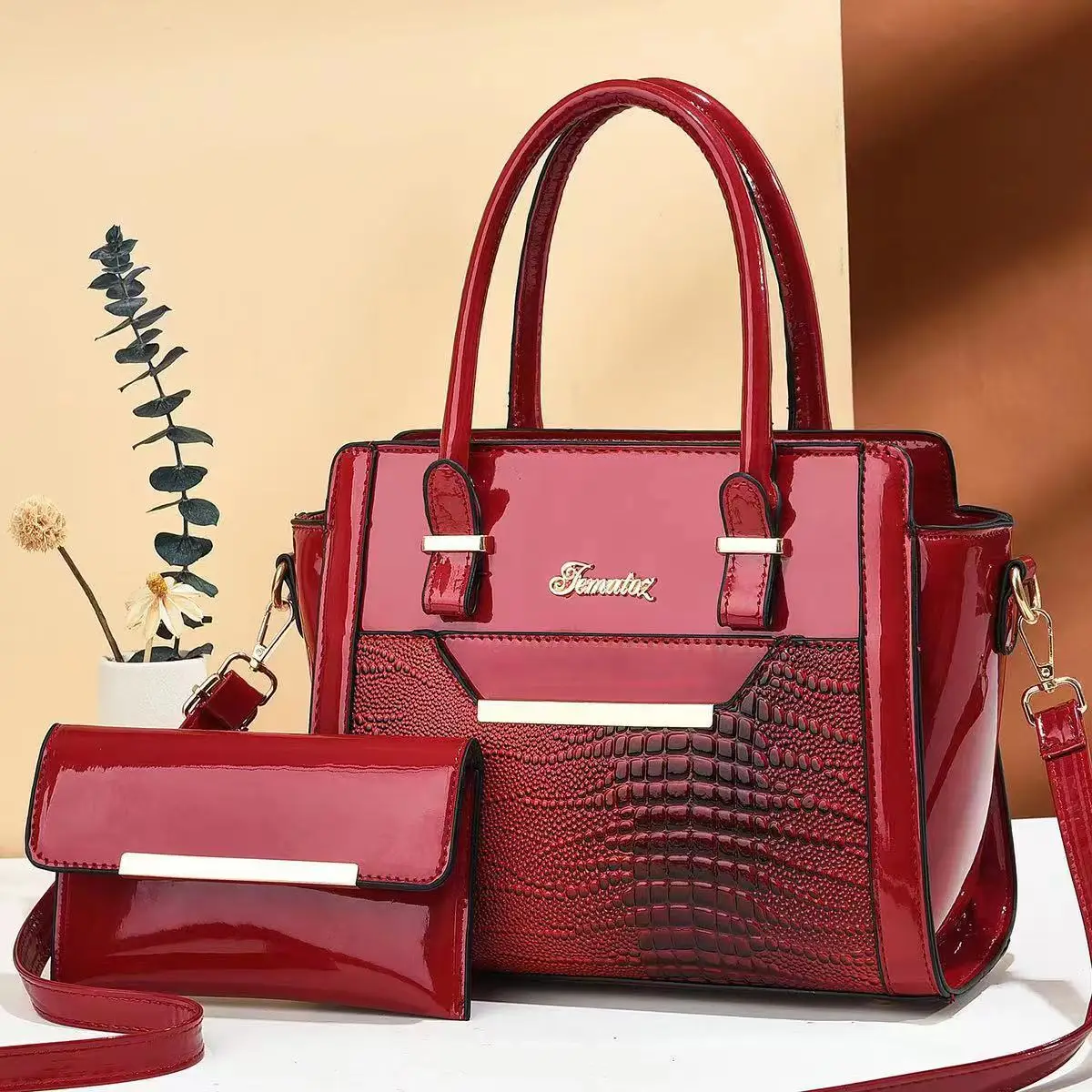 Hot selling pu leather women stock handbags set Color Choose 2pcs handbags set