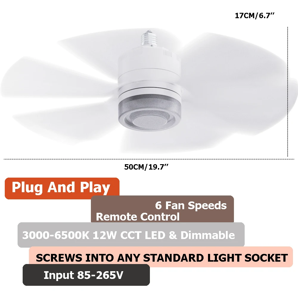 Universal E26 Base 3000K 4500k 6000k CCT Dimmable LED 20 Inch Small Quiet Socket Fan Light With Remote Control