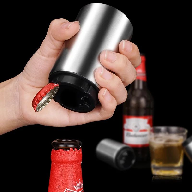 Stainless Steel Automatic Bottle Cap Catcher Push Down  Metal Beer Bottle Opener