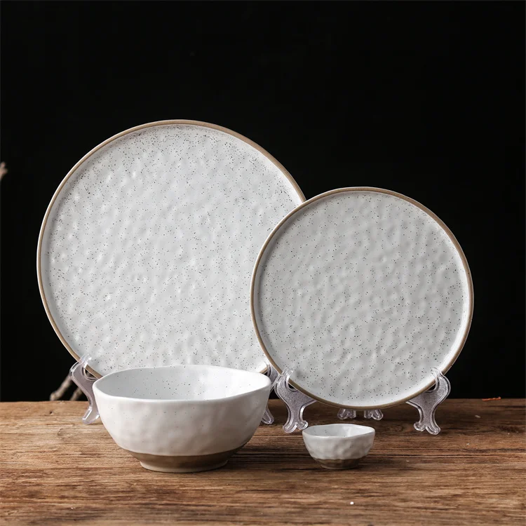 Rough surface speckle round nordic ceramic tableware plate and bowl 16 pieces white dinner set porcelain for wedding home