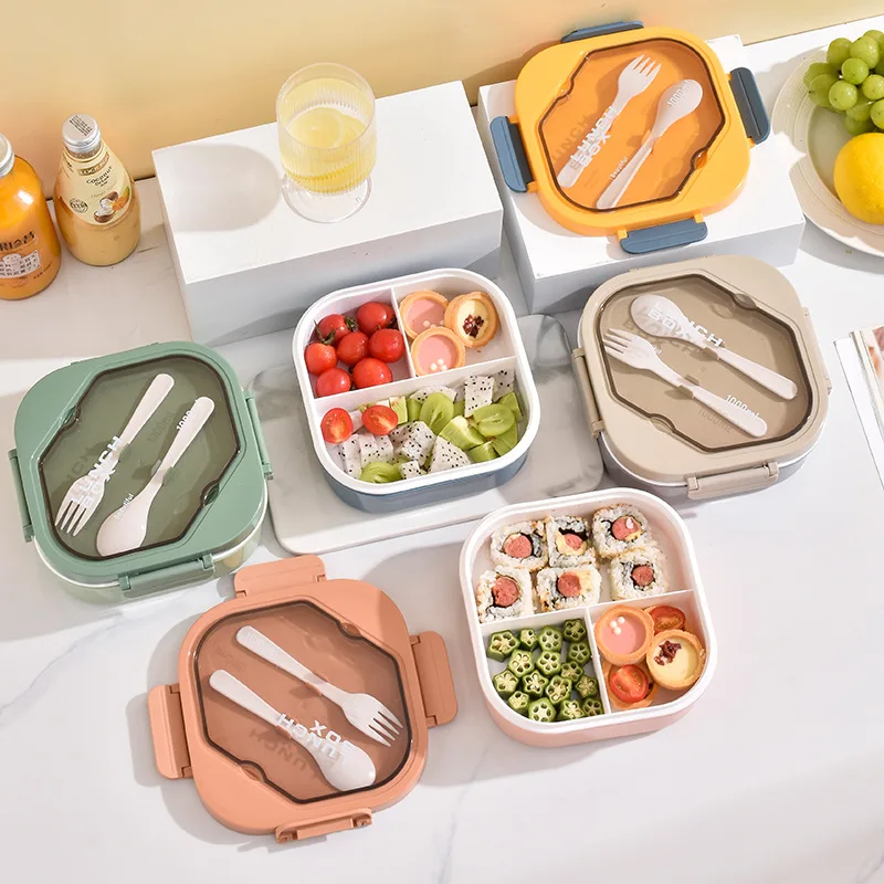 BPA Free Dual Tier 4 Compartment Plastic Lunch Box Airtight Lid Leakproof Spoon Fork Kids Bento Boxes Food Container Storage