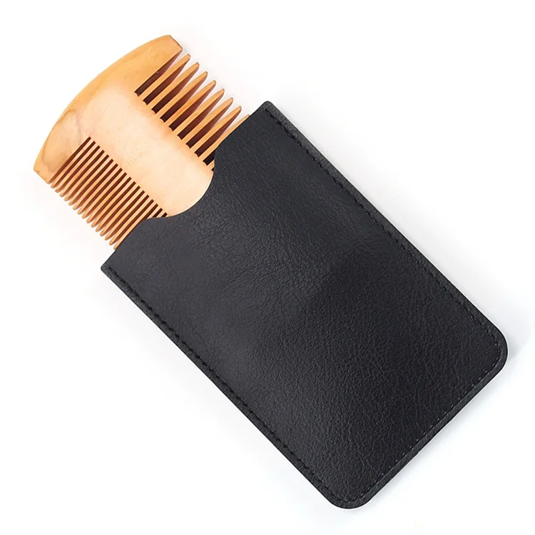 Hair Styling Tool Oil Head Brush Wide and Fine Tooth Pocket Beard Double Sided Comb Wooden Case Wood Natural with Leather