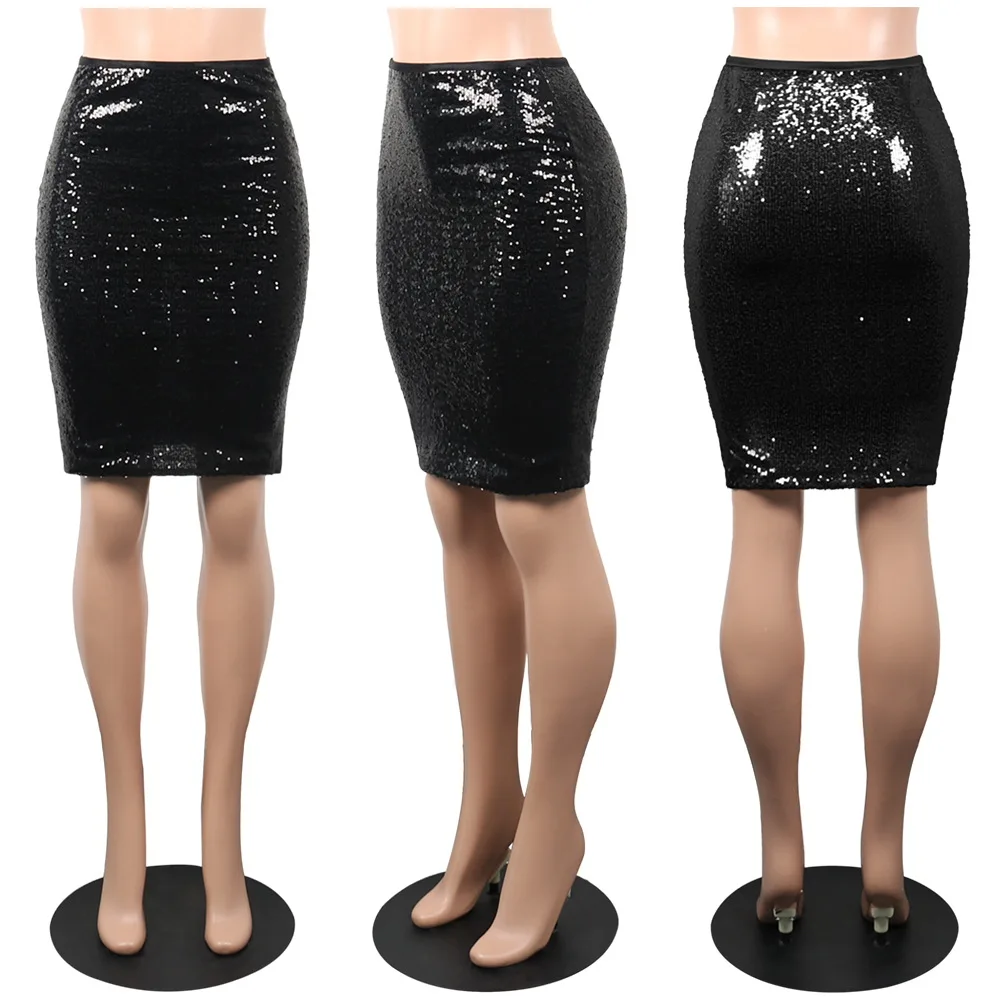  2021 Summer Sequin Skirts Women Straight Knee Length Glitter Pencil elegant Skirt for