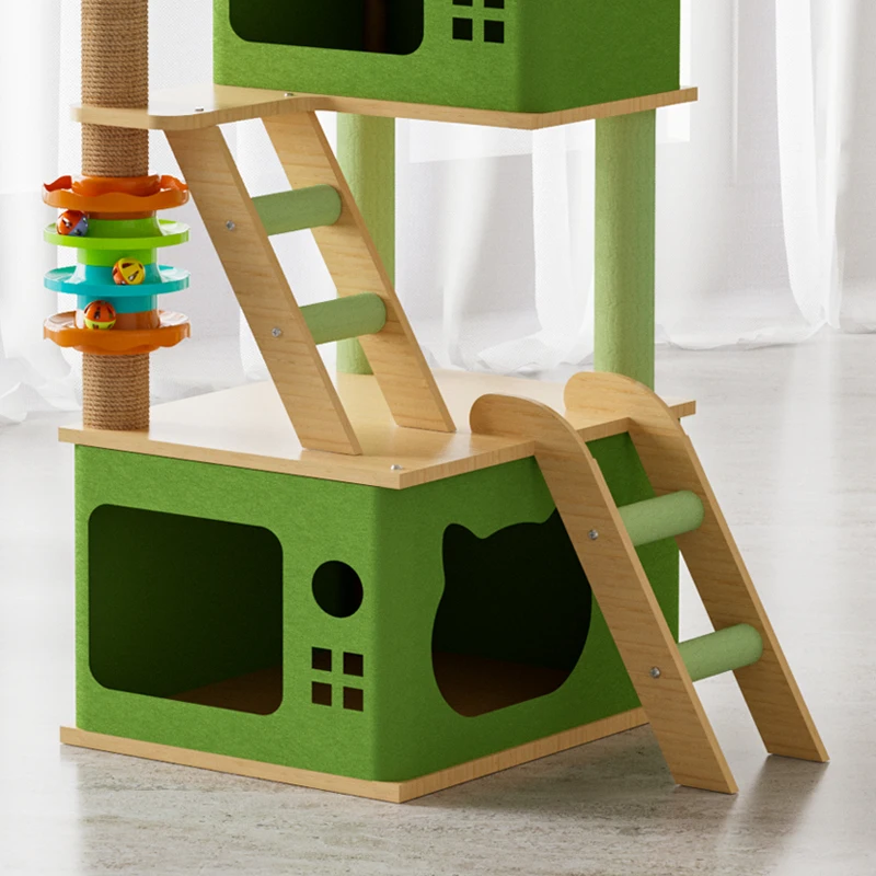 Factory discount green wooden sisal scratching cat tree condo with pet house pet toys large scratcher wooden cat tree tower