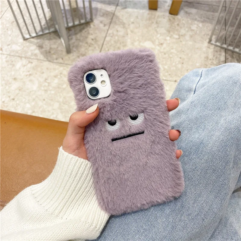 For women girls purple Cute new plush funny expression furry plush phone case   for iphone 678 plus x xs xr 11 12 13 pro max