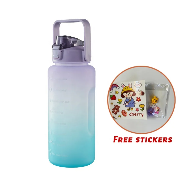 Cartoon bottle water motivational bpa half gallon 64oz 2l plastic motivational water bottle 2 liter with time marker straw