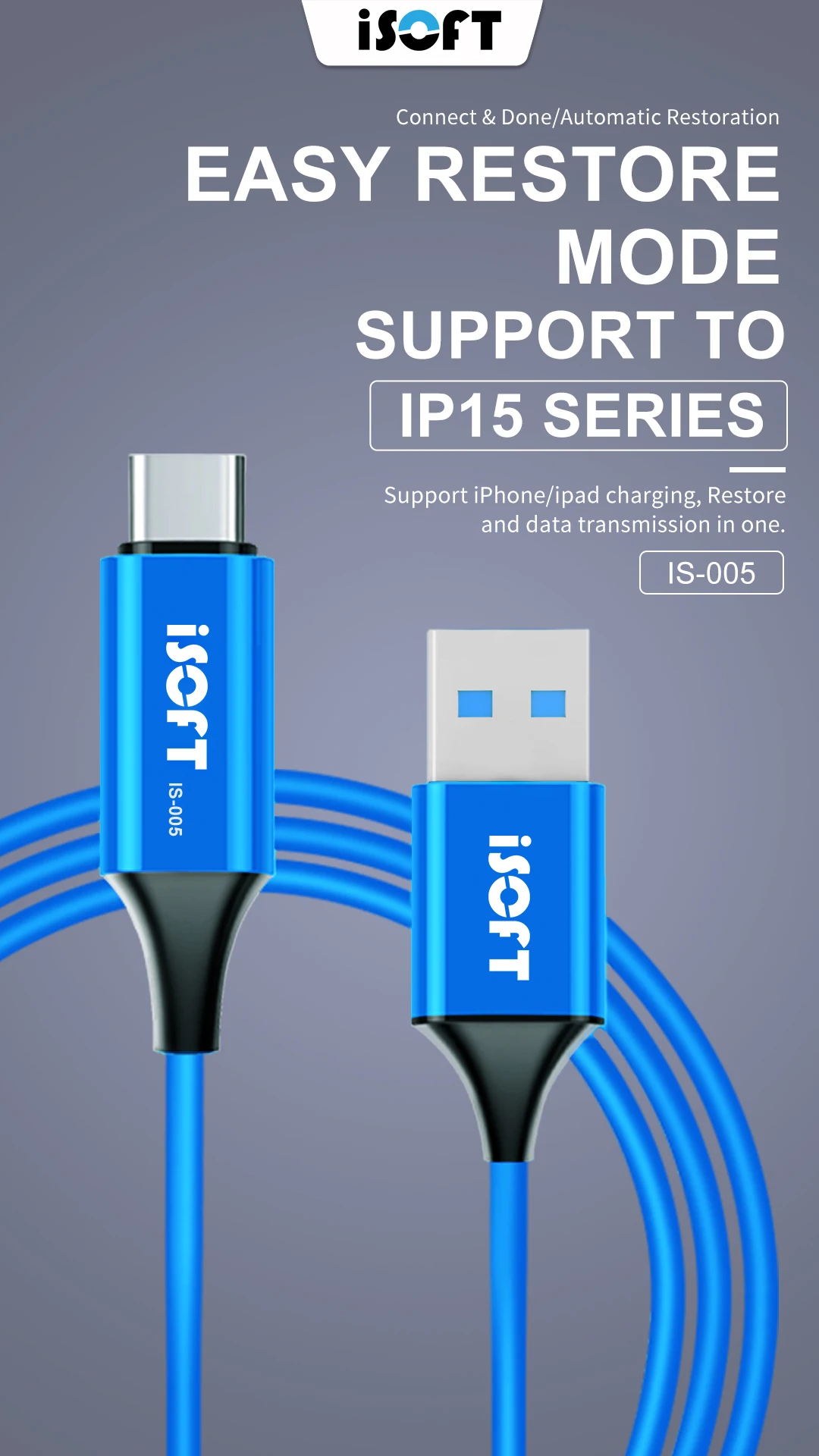 ISOFT IS-005 легко восстанавливаемый кабель для ремонта серии IP15 передачи данных восстановление зарядки передача три в одном ремонте
