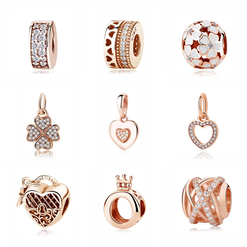 
Rose Gold Charm Bead Dangle Pendant Spacer Clip Charms Fit Pandora Bracelets Women DIY Silver Jewelry 
