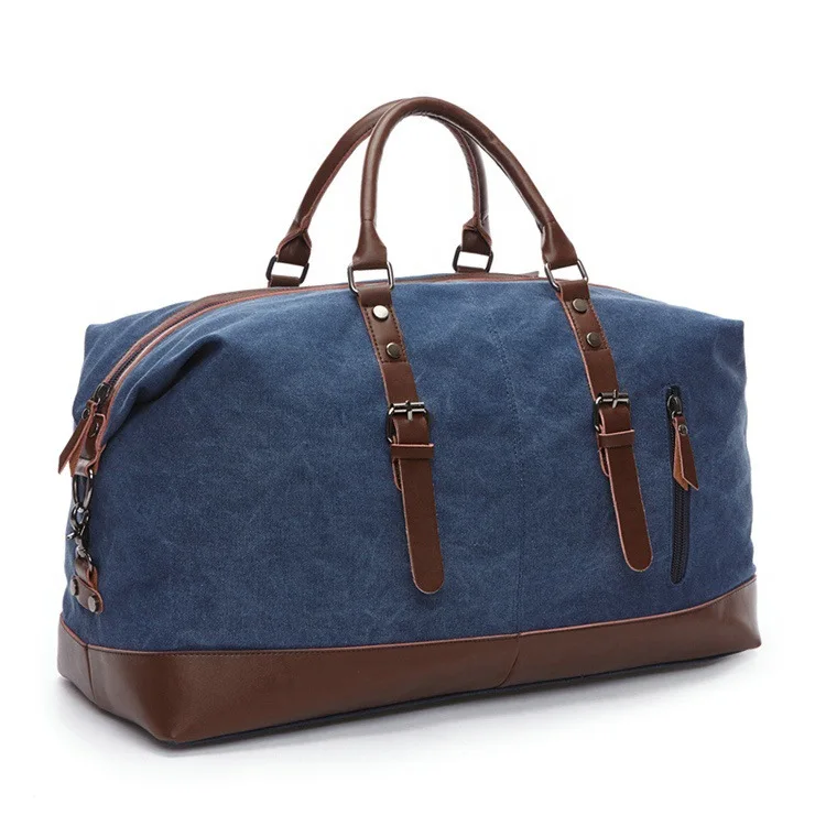 In stock handbag carry vintage durable dark blue canvas leather training bag luggage weekender bags sport bag for men