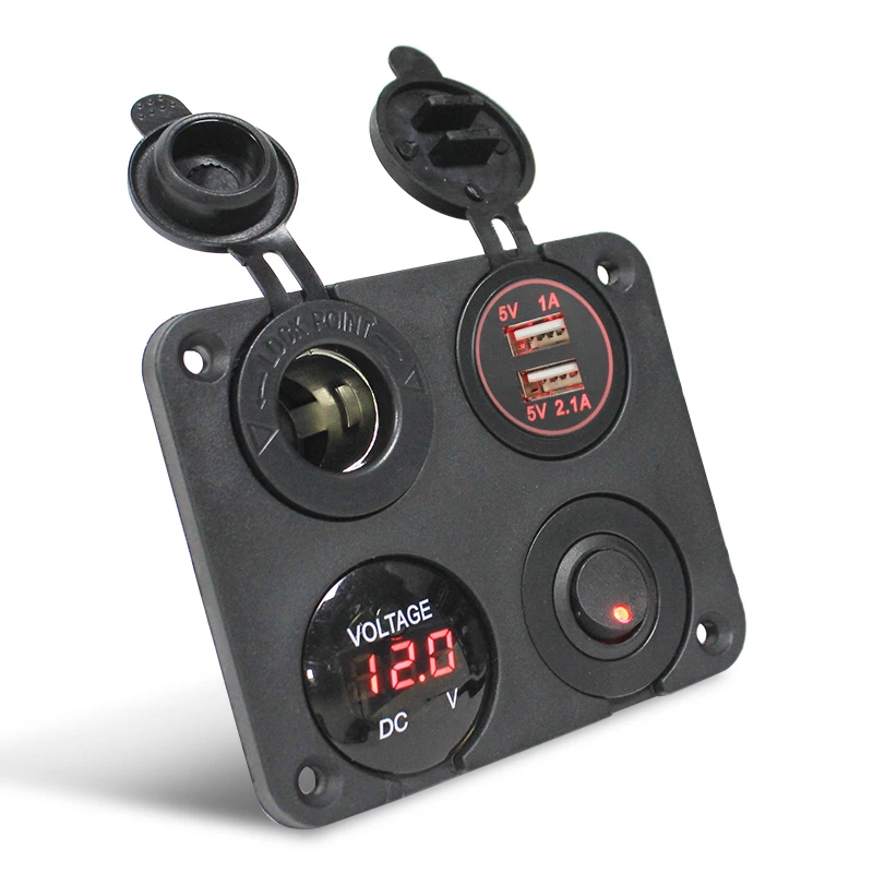 HEYRV Car Boat RV Dual USB Socket Charger 1A&2.1A + Voltmeter + 12V Power Outlet + ON-Off Toggle Switch Four Functions Panel