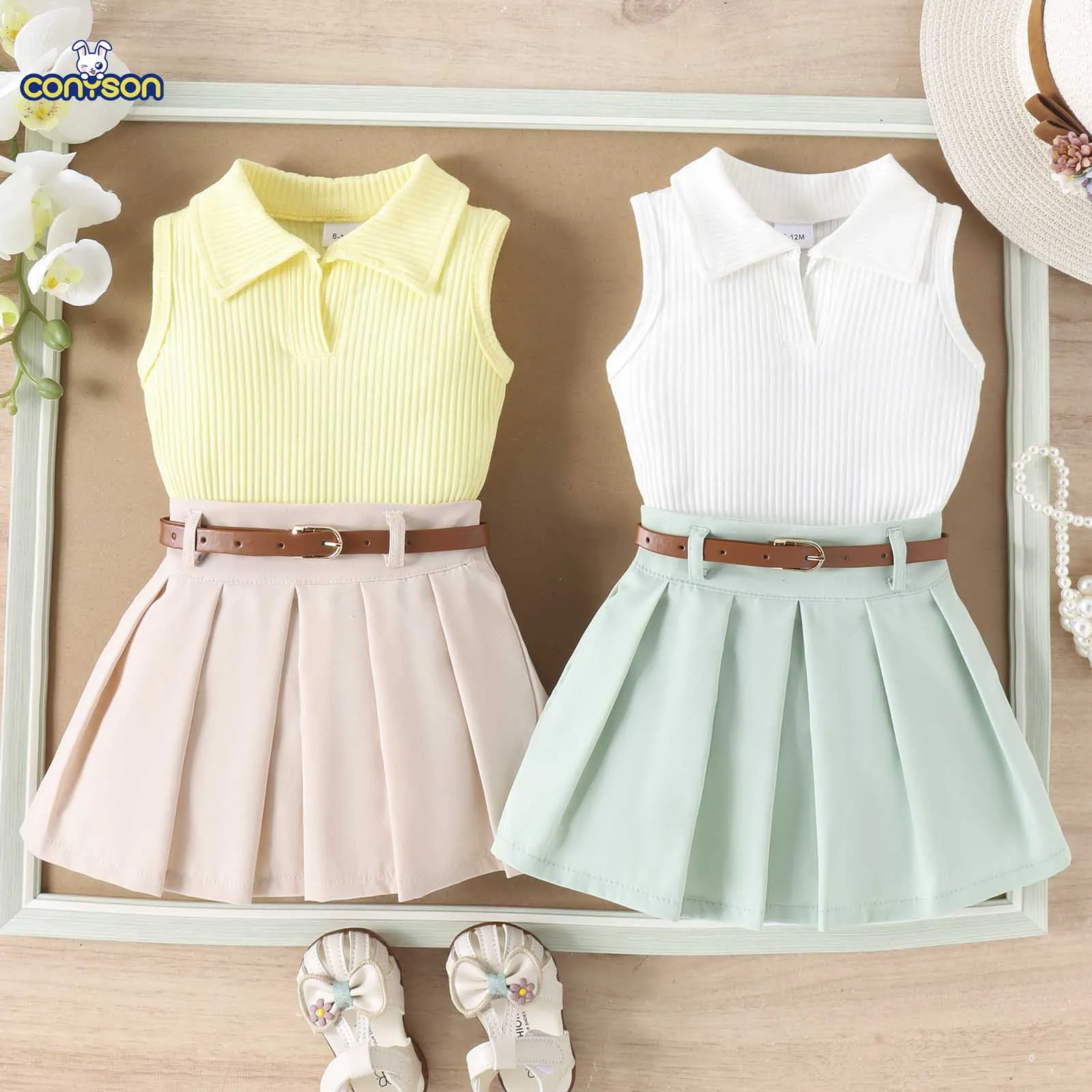 Conyson Clothes For Children Vest Pleated Skirt With Belt Suit Boutique 2piece Kids Girls Clothing Cotton Baby Clothes For Girls