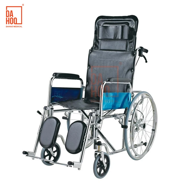 Reclining Chair Adjustable Backrest Home Care Steel Wheelchair Chair With Wheels High Back Chrome Frame Steel Wheelchair