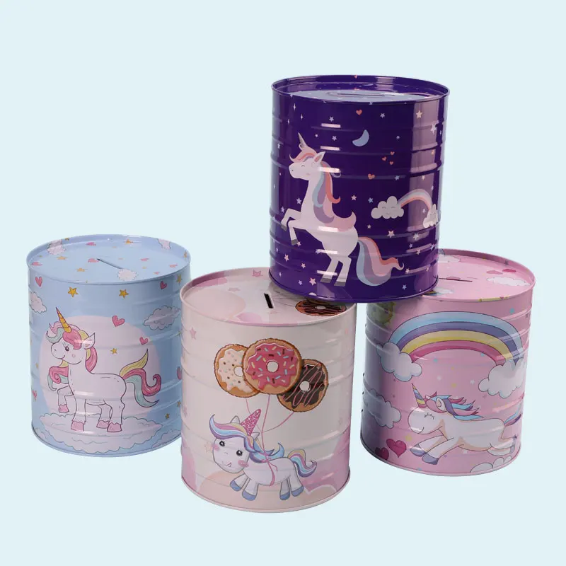 TOPSTHINK Custom made kawaii large children unicorn round metal piggy bank for tin money saving