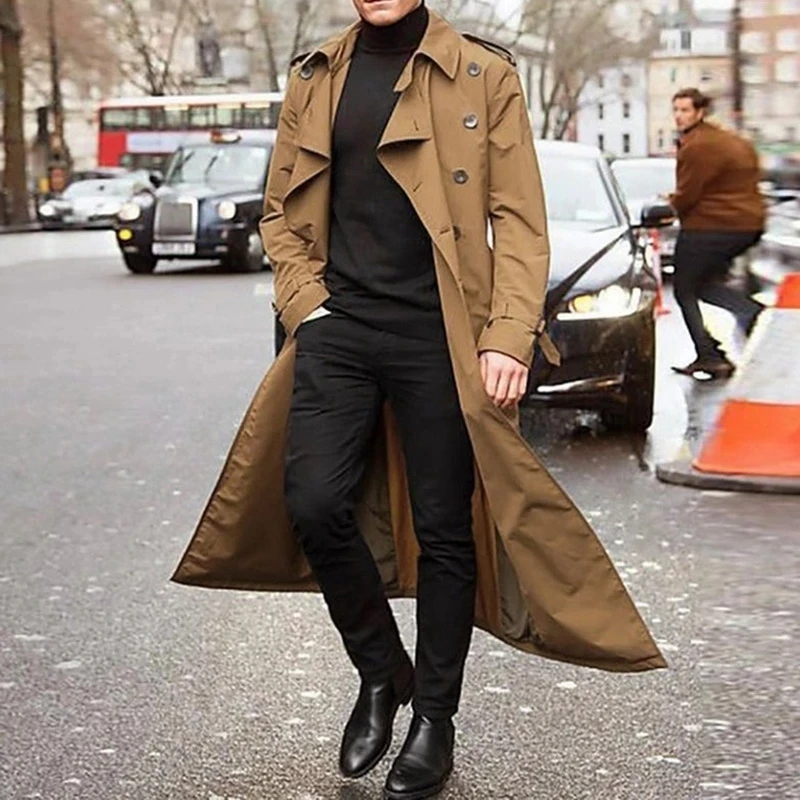 Spring Autumn Long Trench Coat Men Fashion Double-breasted Windbreaker Black Overcoat Casual Jackets