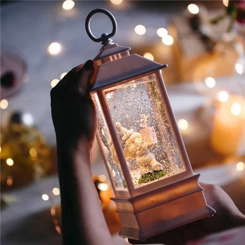 Resin Material Night Glitter Lighted Christmas Gift White Snow Globe Water Lanterns