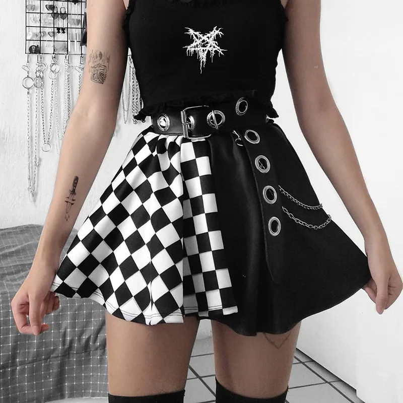 Punk Skirt Gothic Plaid A Line Mini Skirts Harajuku Streetwear Sexy Plaid Patchwork Skirt E Girl Grunge Y2K Club Wear