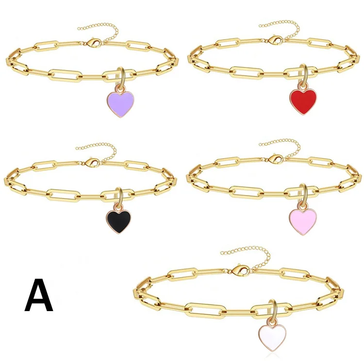 INS Stainless Steel Gold Plated Paperclip Chain Enamel Heart Pendant Bracelet Ankelt Personalized Chain Colorful Heart Bracelet