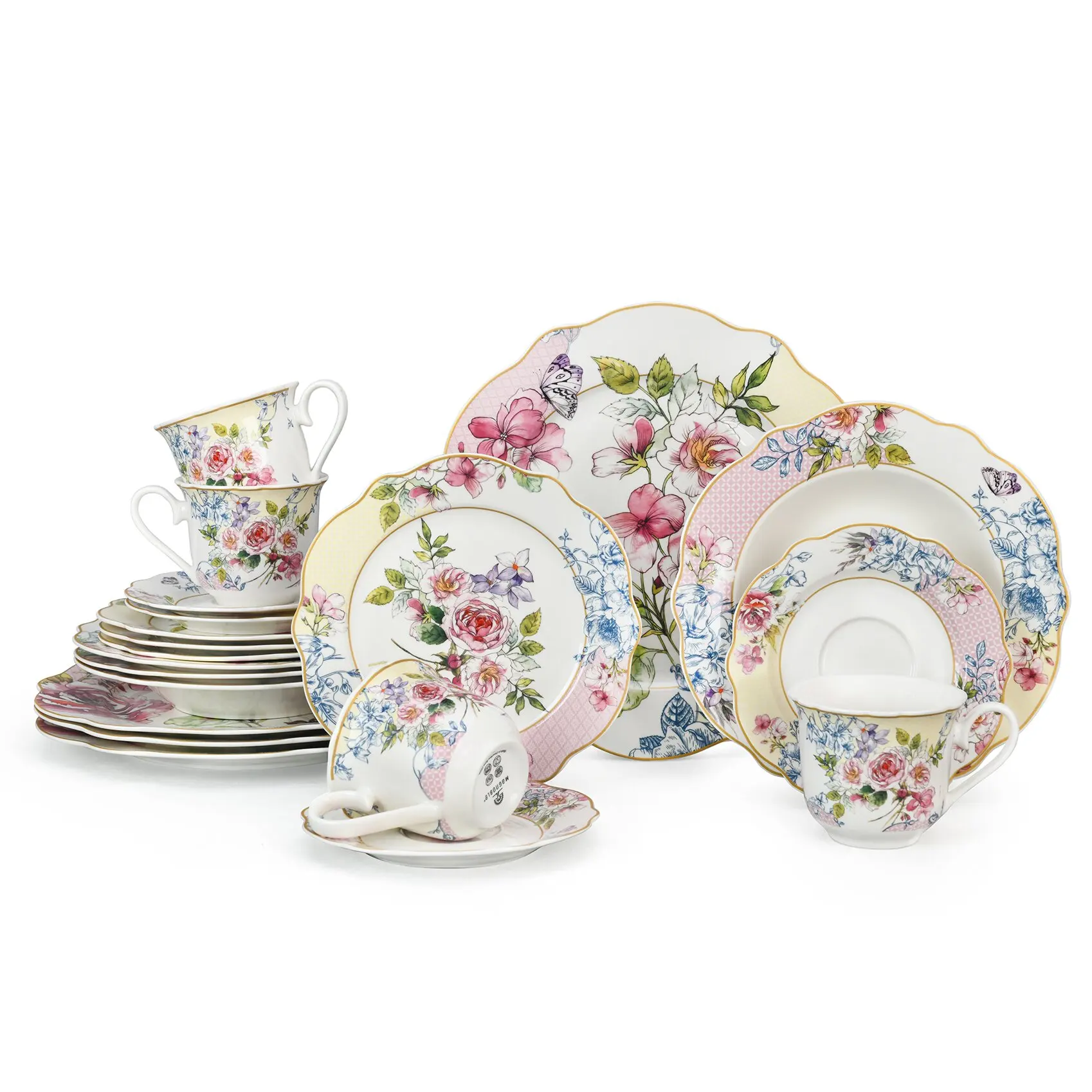20pcs European Elegant Vintage Floral Dinnerware Plate Set for 4 People Party Wedding Dinner Sets with Home Use Cups