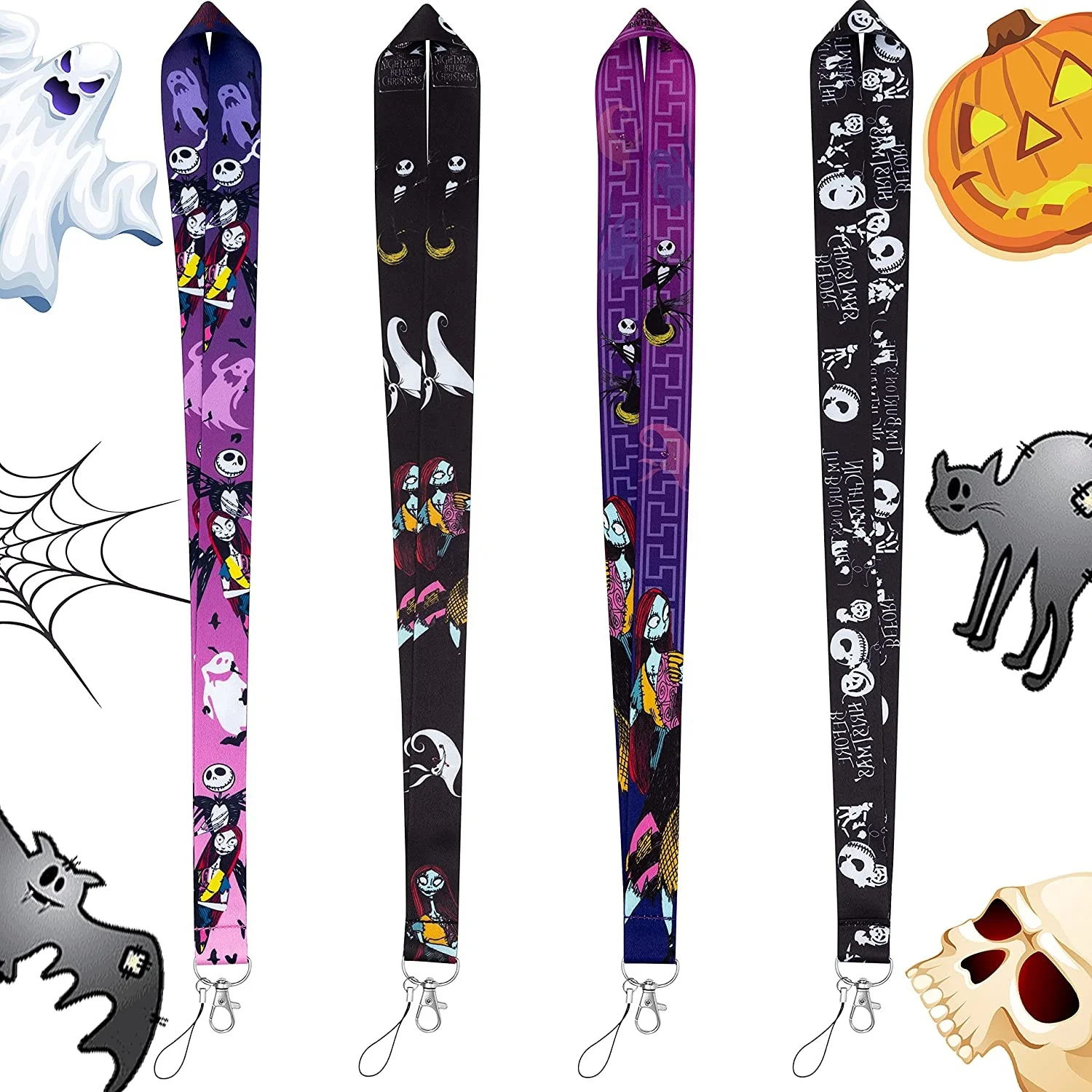 4Pcs Jack Skellington Lanyards Halloween Themed Lanyard with String Loop Buckle Cartoon Jack and Sally Polyester Keys ID Badges