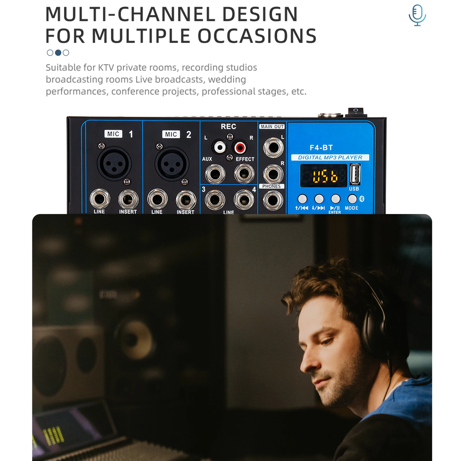 F4 4 Channel Bluetooth Mixing Console Desktop Soundboard Stereo, USB, Computer Recording, DJ Controller/Audio Console Mixer