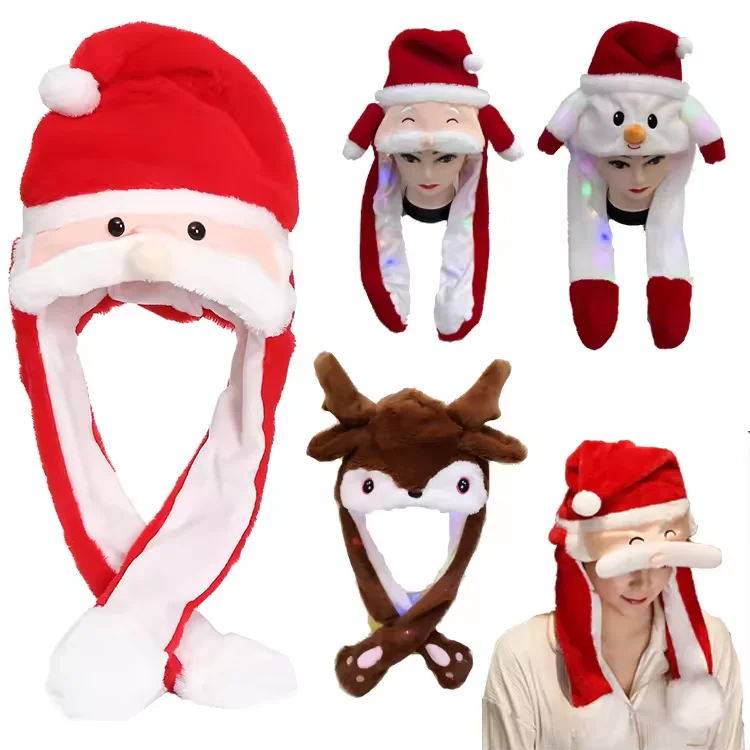 Wholesale Party Led Light Plush Bunny Rabbit Ears Hat Cute Plush Santa Claus Hat with Air Pumping Moving Ears LED Winter Hat