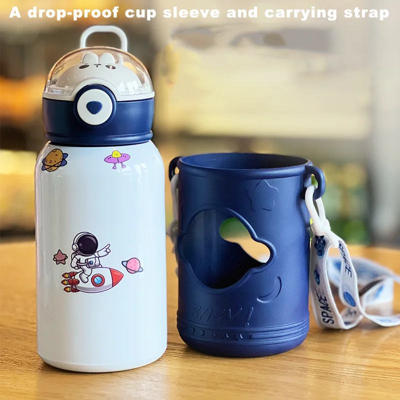 Zoomax 500ml Cute Stainless steel thermos vacuum bottle with strap outdoor portable Cups with lids and straws