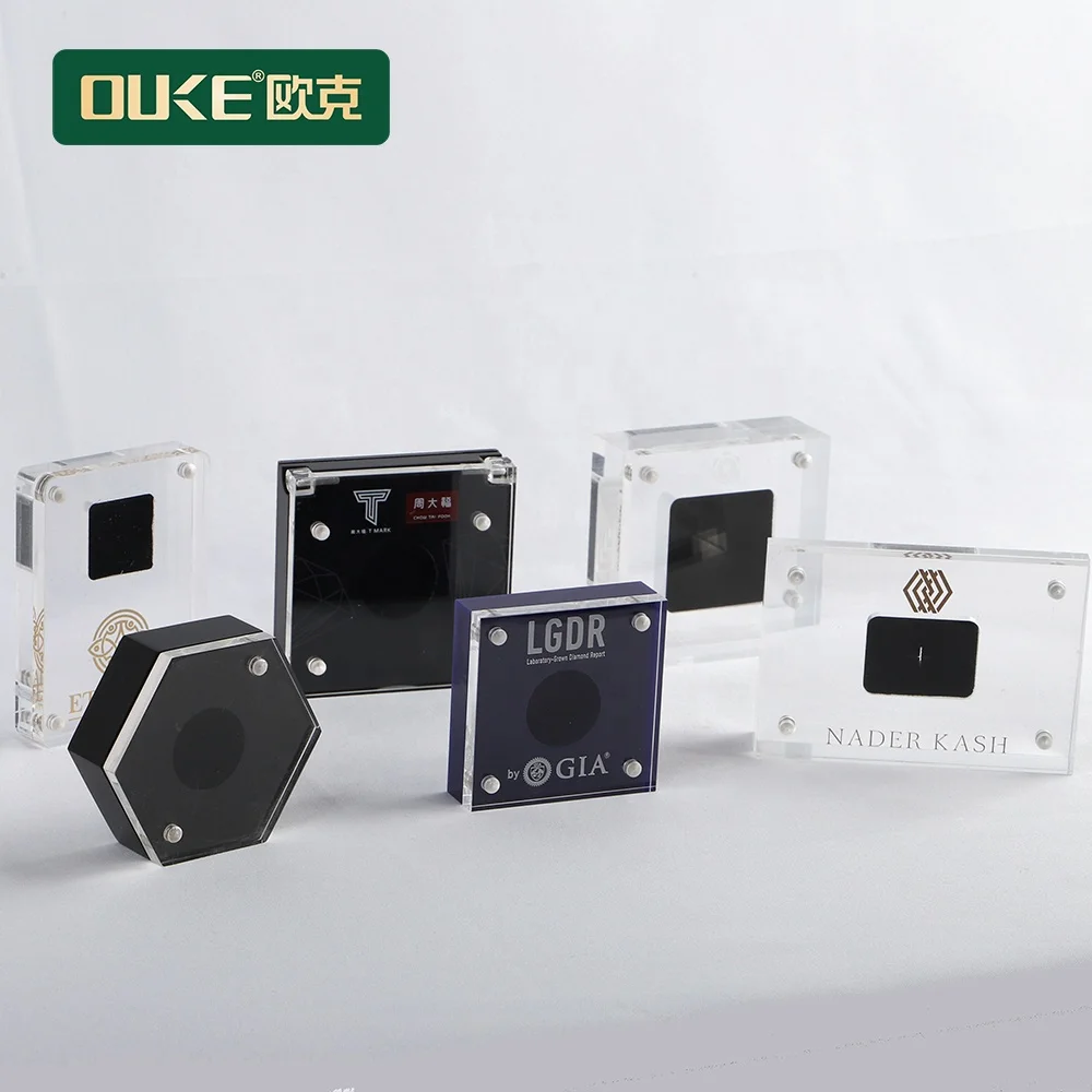 Clear and black small square acrylic diamond display box with magnet