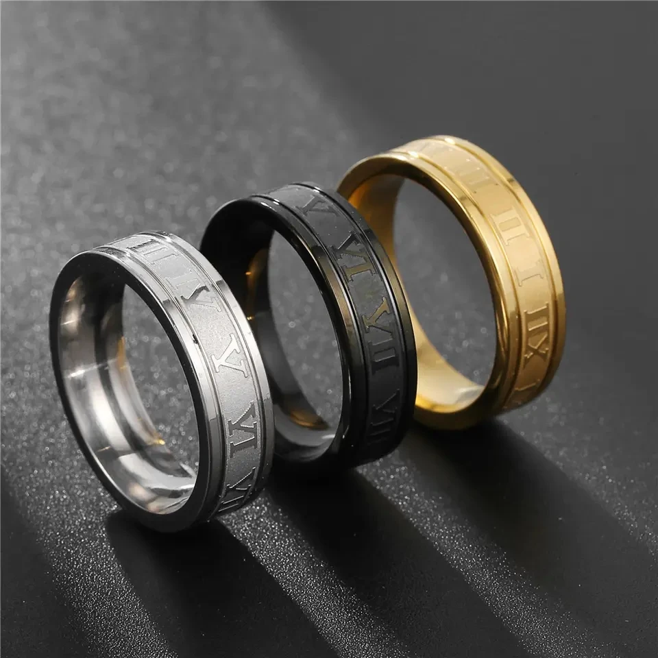 Stainless Steel Tungsten Black Ring Roman Numeral Ring Personalized Hip-Hop Punk Date Ring for Women Mens