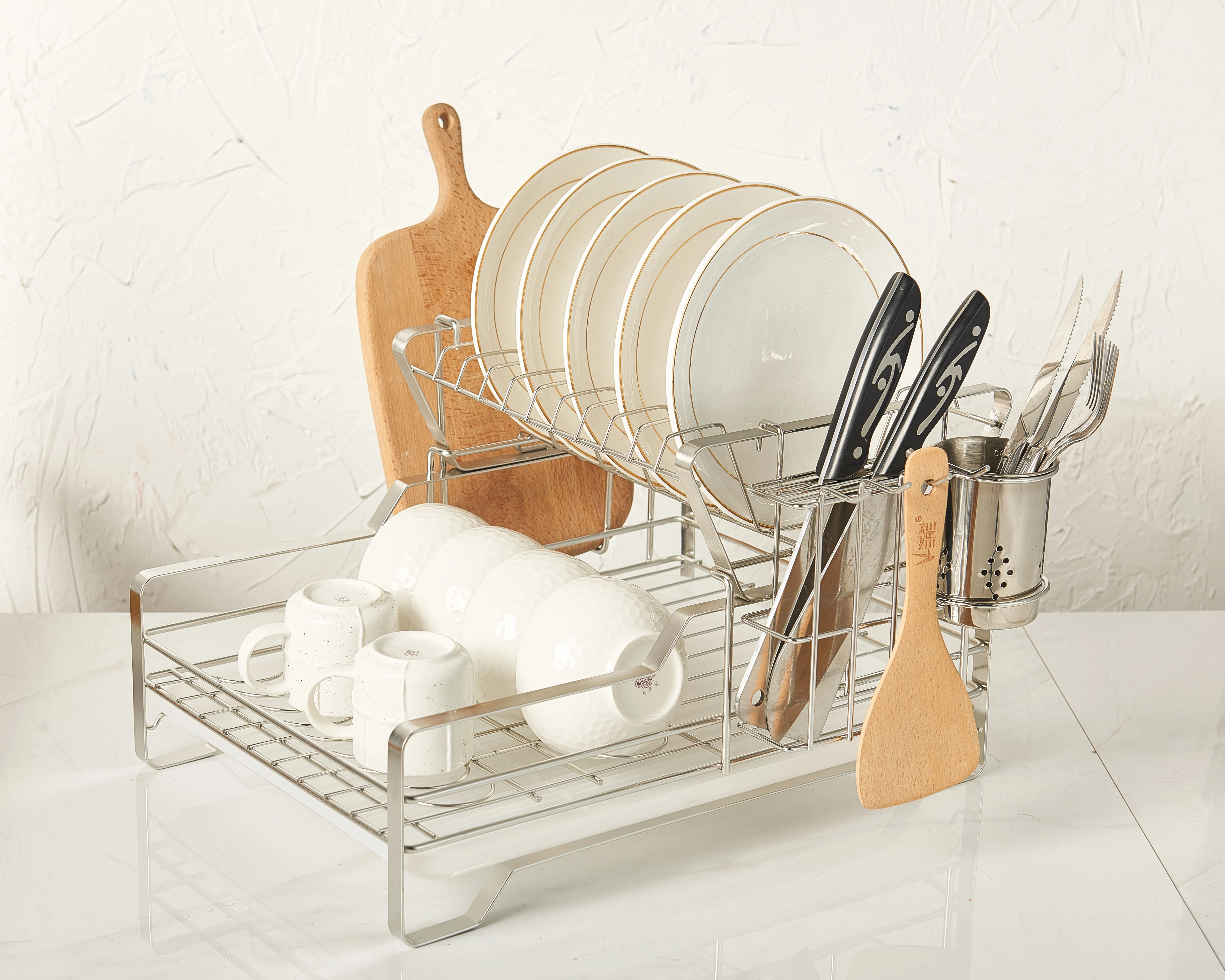 2020 kitchen stainless steel storage dish holder 2 tier dish drain rack with tray