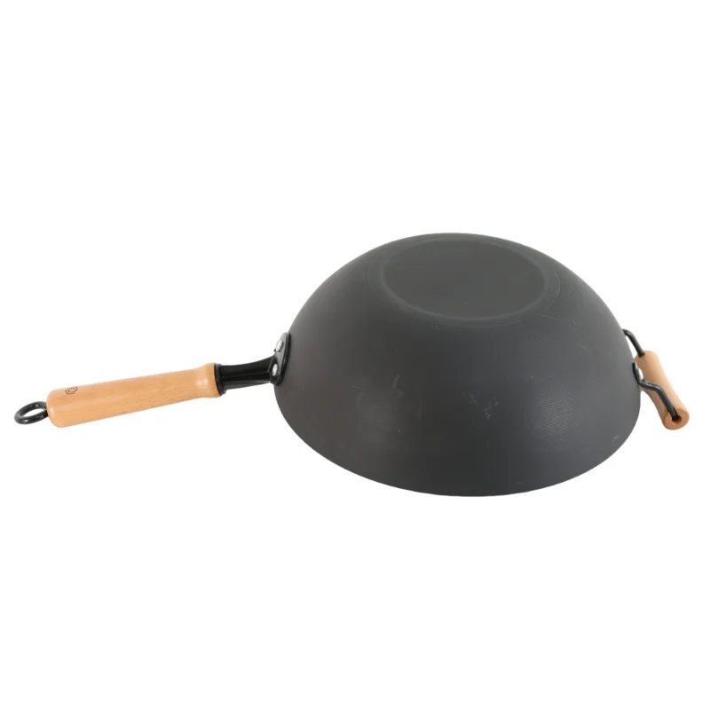 New Arrival Craft Wok Traditional Hand Hammered Non Stick Carbon Steel Iron Frying Wok With Wooden Handle With Glass Lid