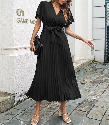 2022 New High Quality Custom Women Elegant Dresses V-neck Ruffled Midi Solid Ladies Casual Dresses Summer Women Clothing