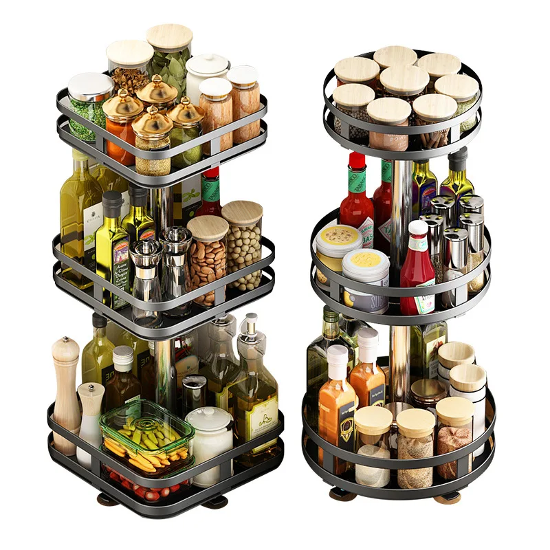 Stainless Steel Adjustable Shelf 3 Tier Organizers Cabinet Metal Kitchen 360 Degree Rotating Storage Spice Jar Rack Set
