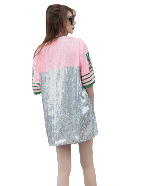 Customized Party Club Over Sized Sorority Sequin T Shirt Jersey Dress AKA  Letter Greek Sorority Sparkler Jersey Dress