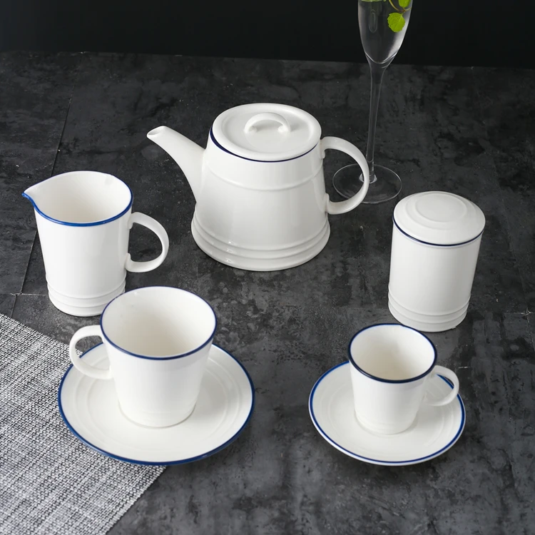 Classic enamel design American pastoral style grace blue line hand painted ceramic tea set white coffee set porcelain