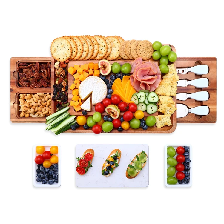 Customized Wooden Cheese Board Set Acacia Wood Large Charcuterie Board with Stainless Steel Knife Set Thick Wooden Server