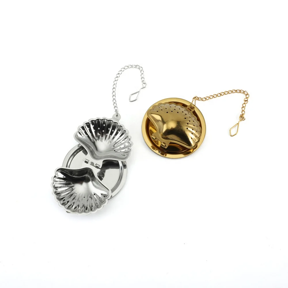 Wholesale Seashell Shape Stainless Steel Tea Strainer Tea Infuser with Chain Hook and Drip Tray