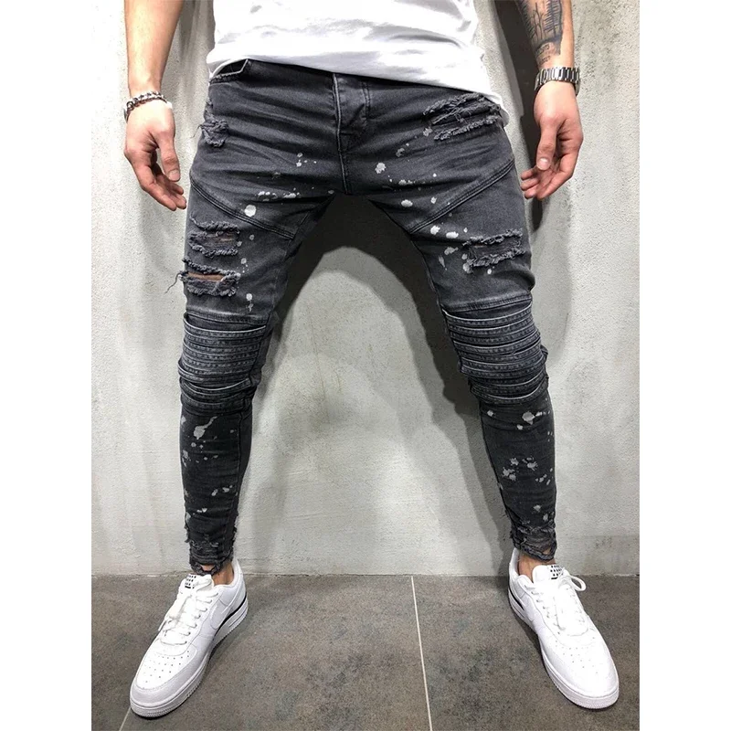 Men Custom Jean Patch Black Straight Jeans Men Painted Ripped Jeans for Men