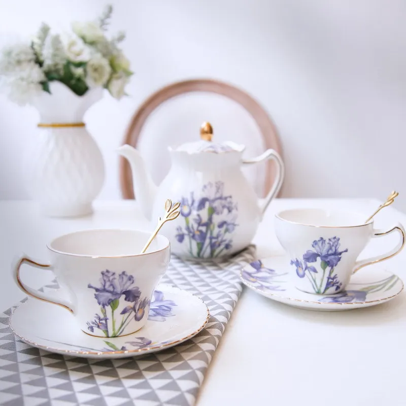High End European Purple Iris Ceramic Teapot Coffee Cup And Saucer Kit Light Luxury Bone China Tea Cup Gift Sets