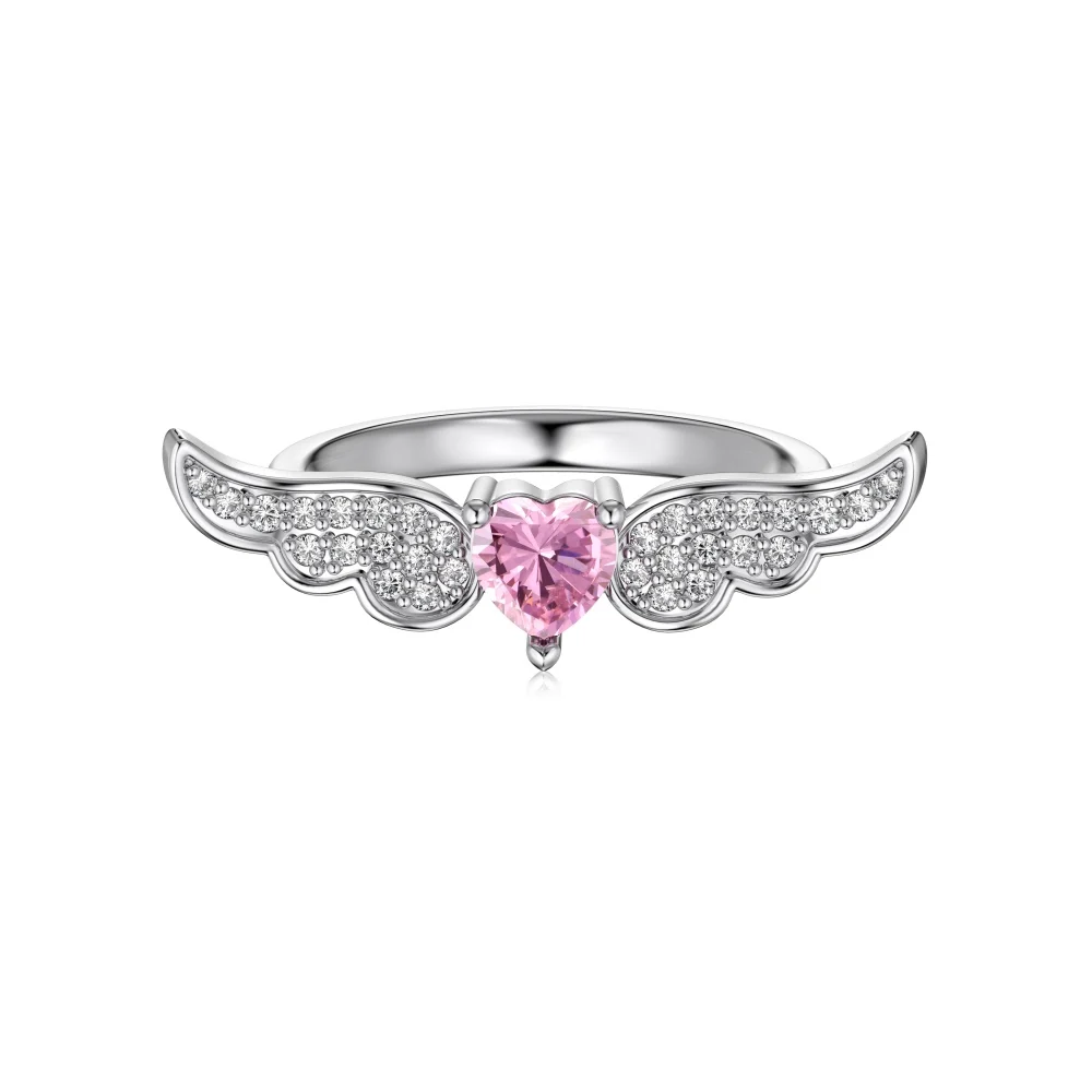 Dylam Vintage Hot Selling S925 Sterling Silver Pink Heart Shape Ring Cz Cubic Zirconia Angel Wings Rings Jewelry For Women