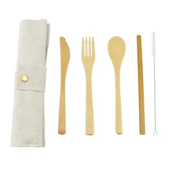 Hot sale custom logo outdoor picnic bamboo wood Knife fork spoon straw cutlery set with travel pouch