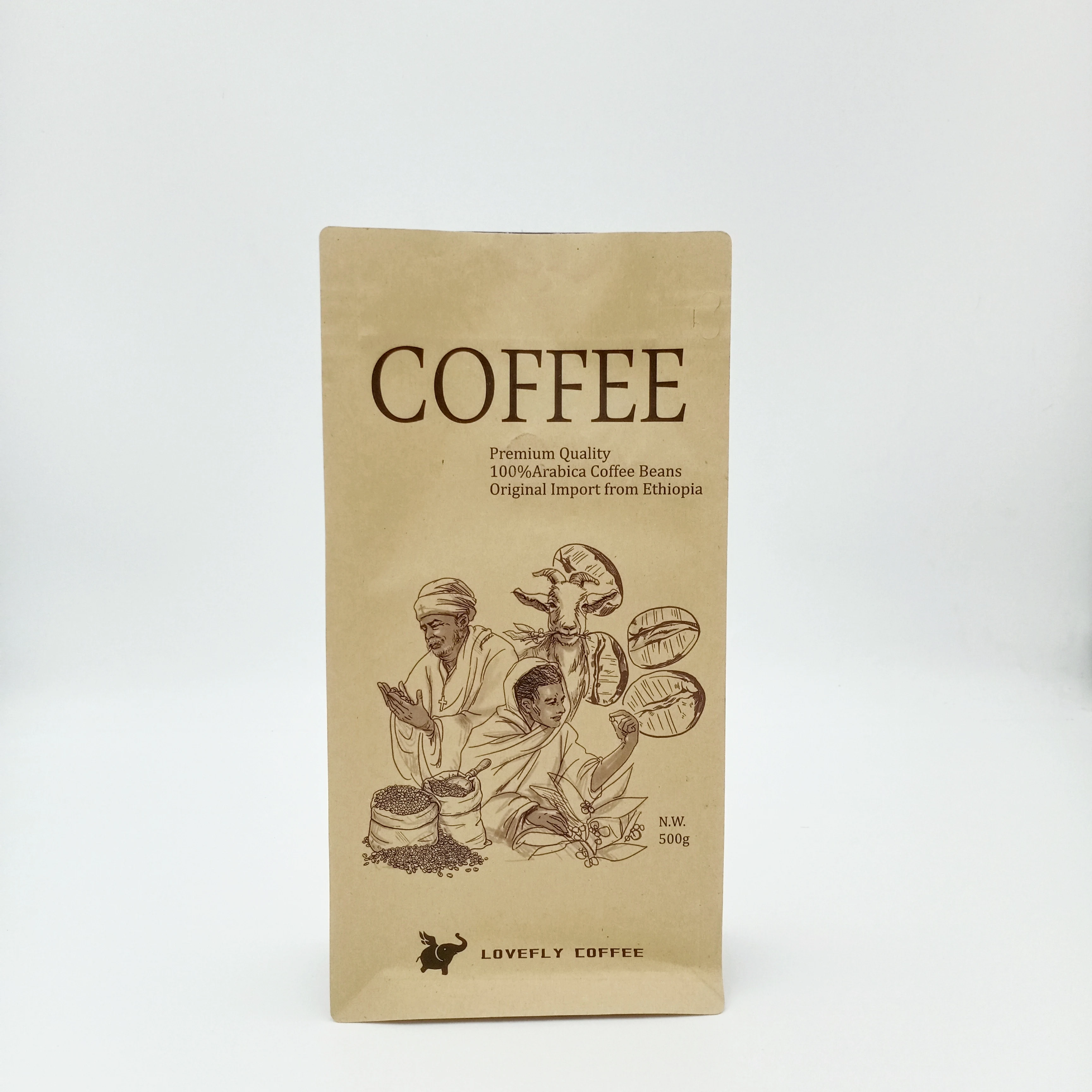 500g 16oz 1lb custom printed brown kraft block bottom coffee bean packaging pouch bag with zipper and air valve