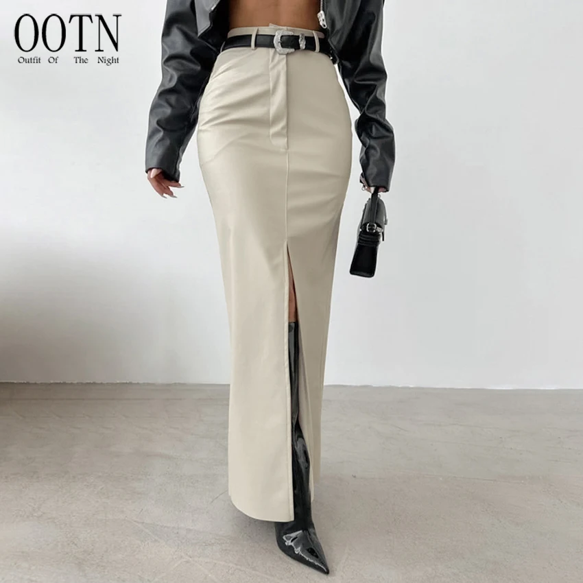OOTN Autumn Ladies Elegant Long Skirt PU Leather White Slim Package Hip Split Skirt Office Women Skirt 2024