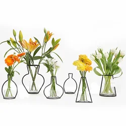 Оптовая продажа, черная железная проволока, металлическая ваза для цветов OXGIFT, без стеклянной чашки